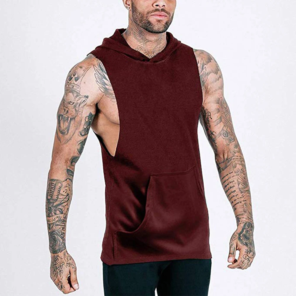 Бургундия Men's Fitness Gym Solids Bodybuilding Workout Muscle Sleeveless Hoodies Tank Top Athletic Sleeveless Hooded Tops - Цвет: Бургундия