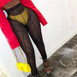 Malha ver através de calças femininas 2021 quente sexy cintura alta retalhos sheer leggings corpo shaping estilo magro calças