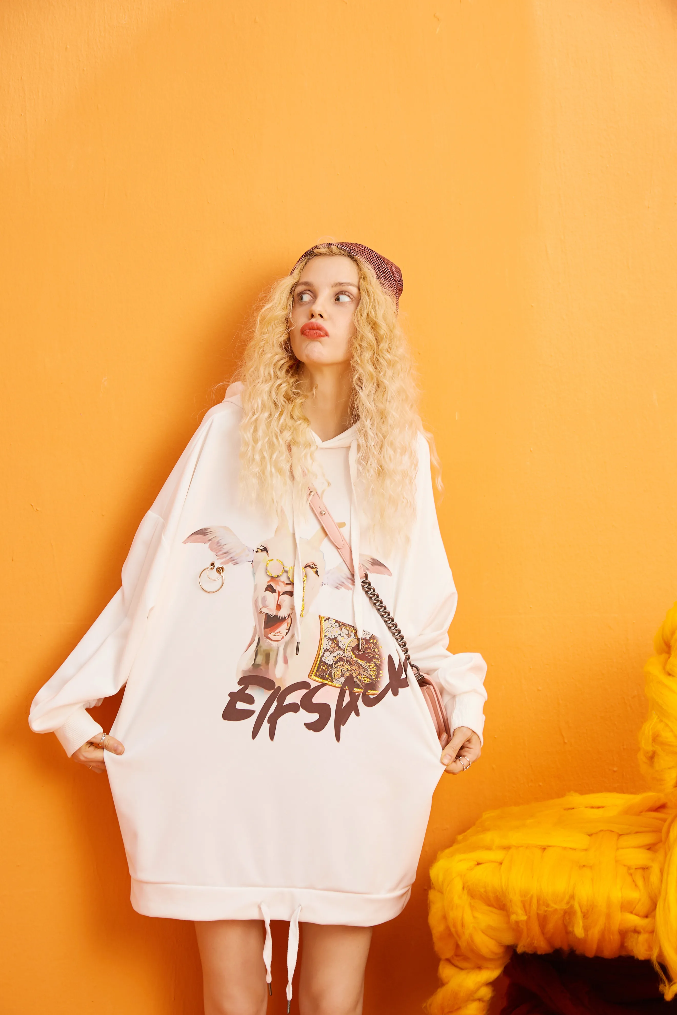 ELFSACK, белые, одноцветные, с принтом "овечки", на шнурке, повседневные толстовки, Женская толстовка, зима, чистый корейский стиль, для офиса, женские топы