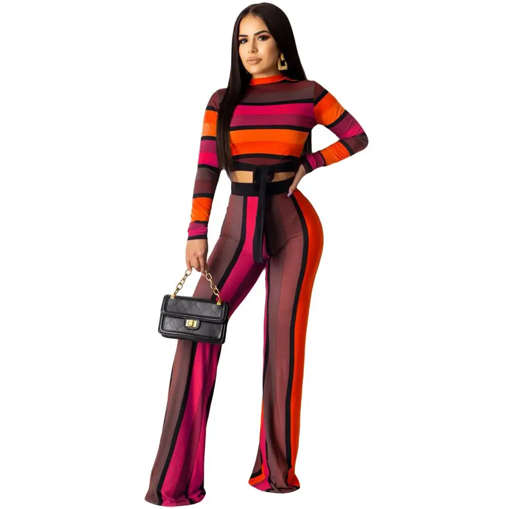 

2019 Fashion Autumn Winter Striped Print Two Piece Sets Woman Long Sleeve Bandage Crop Top+Wide Leg Pants 2 Piece Casual Outfits