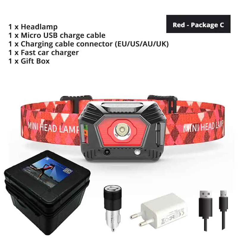 Red - Package C ИК-датчик светодиодный налобный фонарь USB перезаряжаемая фара с дисплеем питания 3 режима освещения Водонепроницаемая Рыбалка, ходовой свет - Испускаемый цвет: Red - Package C