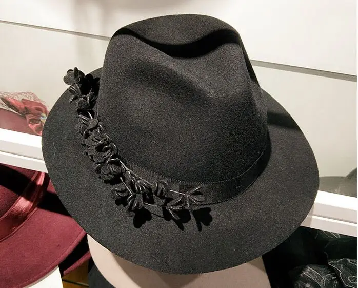 01911-HQ-FM10011 леди цветок шерсть формальная Шляпа Fedora Женщины Панама джазовая, шляпа