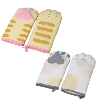 

1 Pair Cartoon Cat Paws Oven Mitts Long Cotton Baking Insulation Gloves Microwave Heat Resistant Non-slip Kitchen Gloves