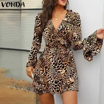 

Leopard Printed Dress Plus Size VONDA 2020 Autumn Summer Women Flare Sleeve Deep V Neck Party Dress Office Lady Casual Sundress
