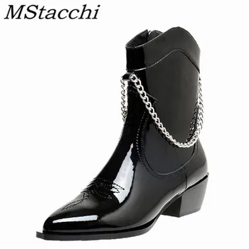 

Mstacchi Woman Chain Sewing Totem Motorcycle Boots Neuture Ladies Zipper Embroider Jackboots Pointed Toe Low Heel Short Boots