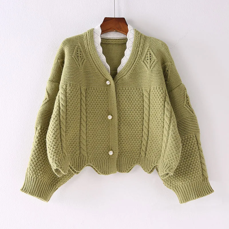 H. SA женский короткий осенний свитер и кардиганы жемчуг бисер негабаритных трикотажные джемперы зеленая верхняя одежда вязаный Топ зимняя куртка Ctop - Цвет: HF1950 Green