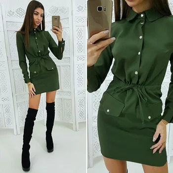 

Women 2020 Summer Casual Sashes Dress Button Turn Down Collar Long Sleeve Sheath Dress Fashion Vintage Elegant Solid Mini Dress