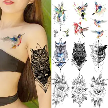 

Fake Hummingbird Temporary Tattoos Geometric Owl Waterproof Tattoo Sticker Rose Peony Flower Tatoos For Women Girl Lady Body Art