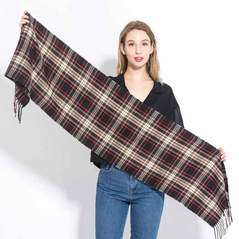 Зимний клетчатый шарф для женщин Шерстяной палантин Теплые шали и обертывания кашемир длинный кисточкой женское одеяло Foulard