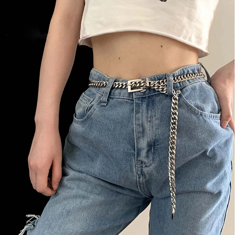 Women Punk Chain Belt Adjustable Black Double Female Punk Chain Fashion