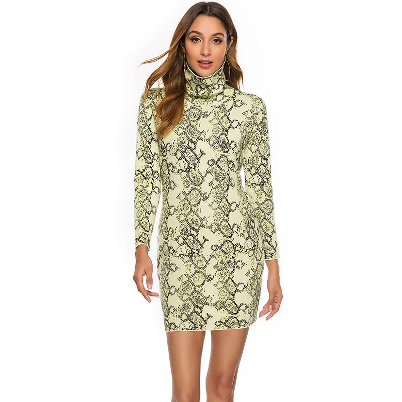 

Fashion Yellow Leopard Women Sweaters Long Style Full Sleeve Turtleneck Autumn Winter Knitted Pullovers Sueter Mujer Invierno