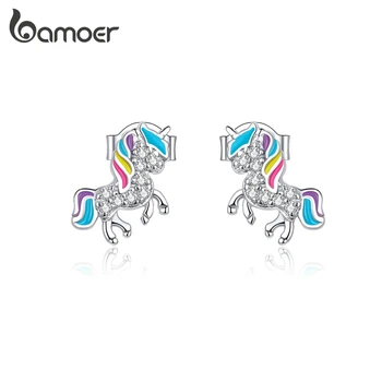 

bamoer Fantesy Licorne Stud Earrings for Women Genuine 925 Sterling Silver Enamel Silver 925 Jewelry Brincos Bijoux BSE352
