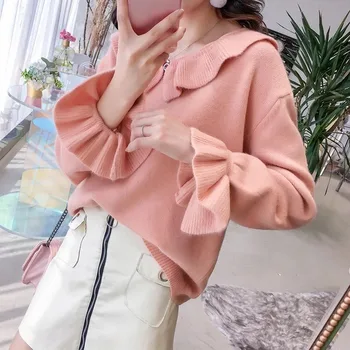 

2019 autumn new long-sleeved small fresh-and-fresh-set sweaters swedish loose horn short-sleeved sweater irregular neck sweate