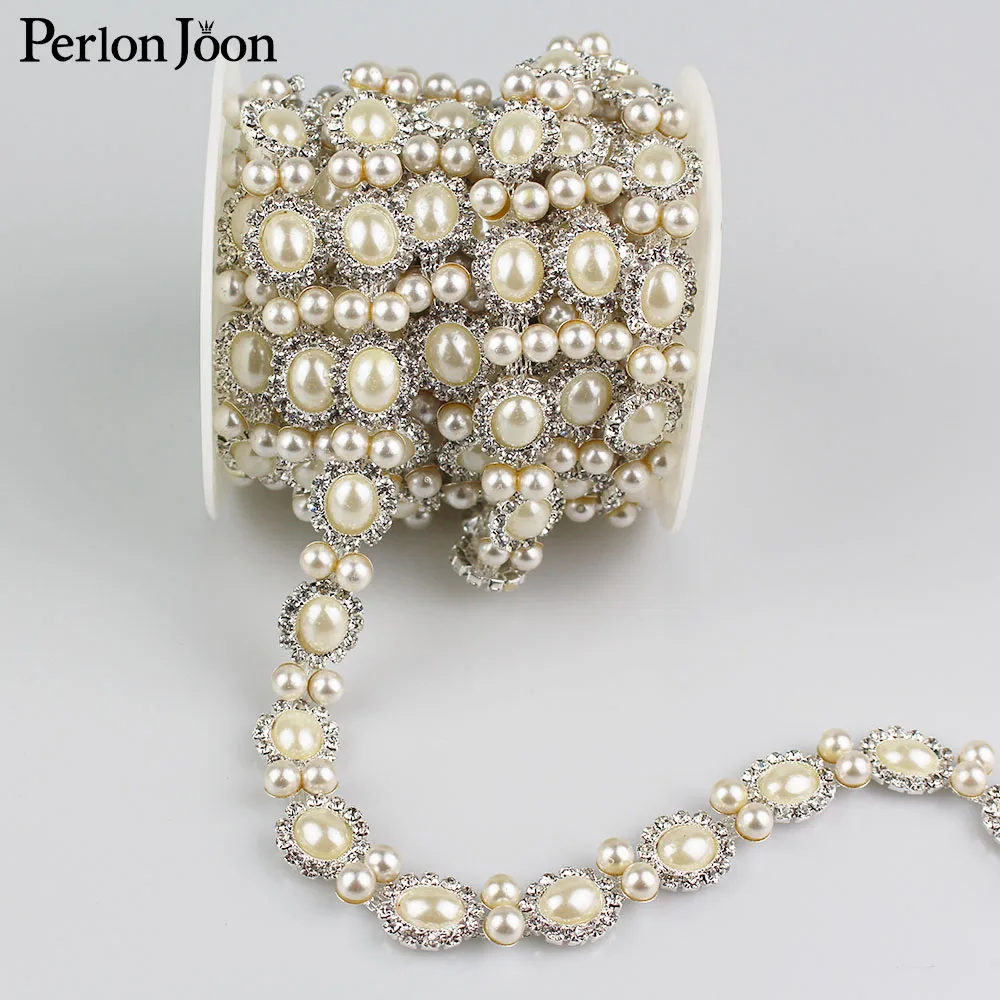 

1yard oval pearl crystal rhinestones trim Ribbonn metal chai for dress, bag, shoes accessories ML009