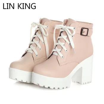 

LIN KING New Design High-heel Women'S Short Boots Waterproof Thick Bottom Round Toe Platform Ladies Ankle Boots Large Size 34-43