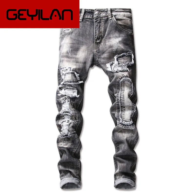 

2019 New Men's Clothing Smashed Hole jeans Men's Micro-Elastic patch Embroidery thread Black Denim pants More Size 29-36 38