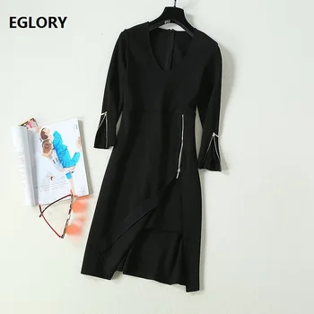

New Arrival 2019 Autumn Winter Sexy Party Club Dresses Women V-Neck Split Front 3/4 Sleeve Bodycon Sheath Black Zipper Dress