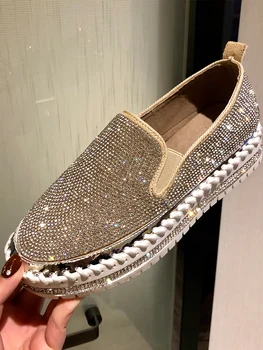 

2019 Rhinestone Women Flats Leather Loafers Spring Women Casual Shoes Flat Comfortable Slip on Moccasins Zapatos Mujer QW-31