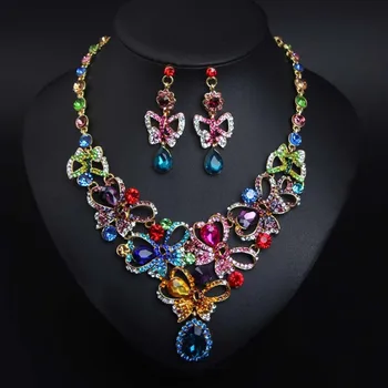 

LADIES JEWELRY SET EUROPEAN AMERICAN FASHION COLOR RHINESTONE BUTTERFLY CLAVICLE NECKLACE EARRINGS BRIDAL PARTY DRESS ACCESSORIE