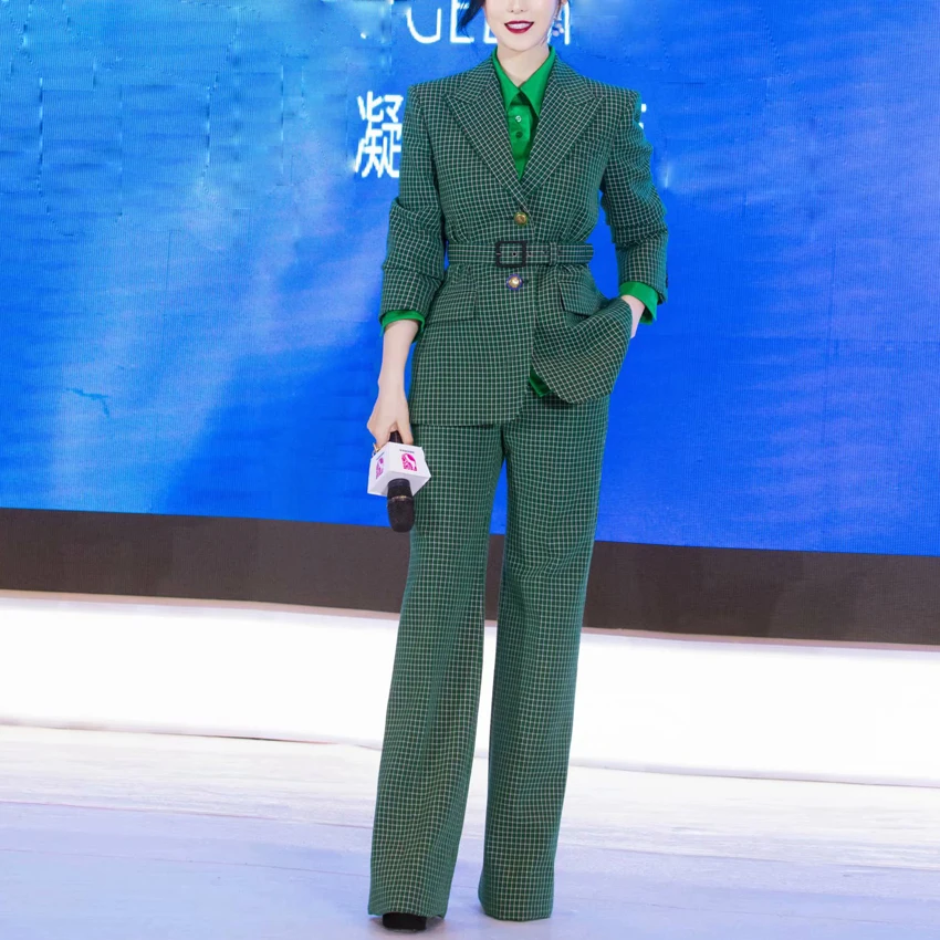 

HIGH QUALITY New Fashion 2019 Designer Trousers Set Women's Gold Buttons Green Plaid Blazer Jacket And Straight Leg Pants Sets