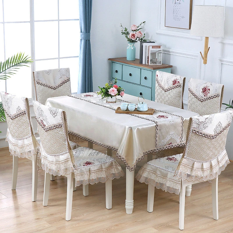 

Luxury American Style Table Cloth Embroidery Satin Lace Dinning Table Runner Non-slip Tablecloth Chair Cover Set tapetes nappe