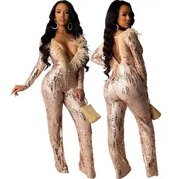 

Sexy Club High Quality Flaring Sequined Tassel Jumpsuits Solid Full Sleeve Backless Women Long Pencil Rompers