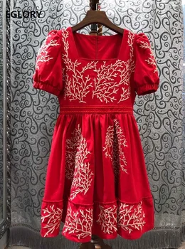 

Top Quality Party Red Black Dresses 2020 Spring Summer Ladies Square Collar Luxurious Embroidery Short Sleeve A-Line Dress Girls