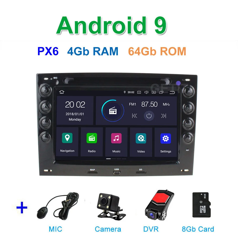 PX6 Автомобильный DVD стерео Мультимедиа Радио Android 9 для Renault Megane 2 2003-2008 - Цвет: PX6 CAM DVR SD