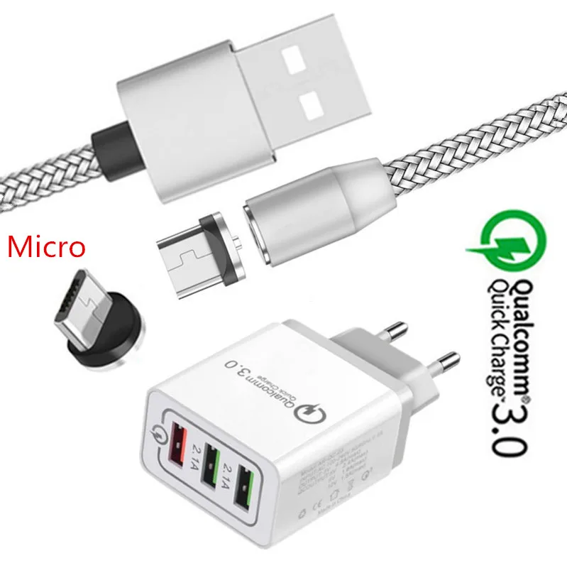 QC 3,0 быстрое зарядное устройство и магнитный Micro USB кабель для зарядки для samsung htc Desire 12s One X10 Honor 8X 7A Redmi 6a 4x Note 5 6 Pro - Тип штекера: EU charger and cable