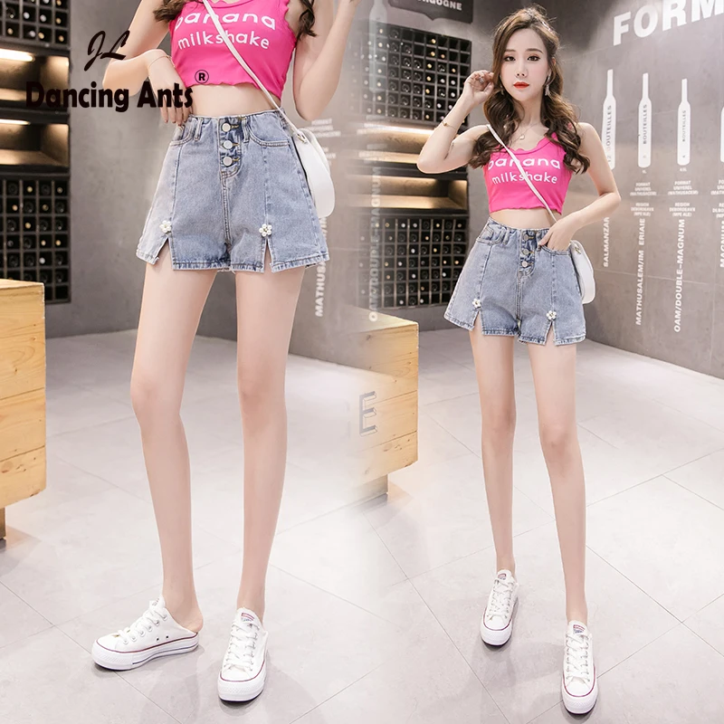 

Woman Jeans Short Wide-leg High Waist A-line Loose Denim Shorts Korean Style Solid Single Breasted Slit Casual Short Trousers