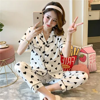 

Summwe Autumn Women Sleepwear Silk Satin Pajamas Set Short Sleeve Pajamas for women Ladies Pyjamas
