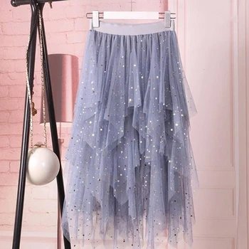 

Shiny Stars Sequins Irregular Tulle Skirts Women 2020 Spring Chic Fairy Sweet Cake Mesh Skirt Female Elegant Lady Faldas