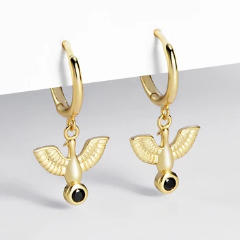 

925 Sterling Silver Dove Wings Drop Earrings Gold Color Fine Small Huggie Ear Bone Aretes Zircon Earrings Silver Jewelry