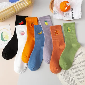 

Women Cotton Middle Tube Socks Autumn And Winter Fashion Colorful Cartoon Fruit Embroidery Comfortable And Breathable Tide Socks
