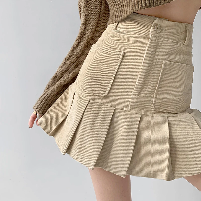 

Women Pleated Corduroy Mini Skirt With Pocket Detail