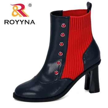 

ROYYNA 2019 New Designers Women Boots Comfy High Heel Ankle Boots Fashion Round Toe Slip-On Boots Autumn Winter Ladies Shoes