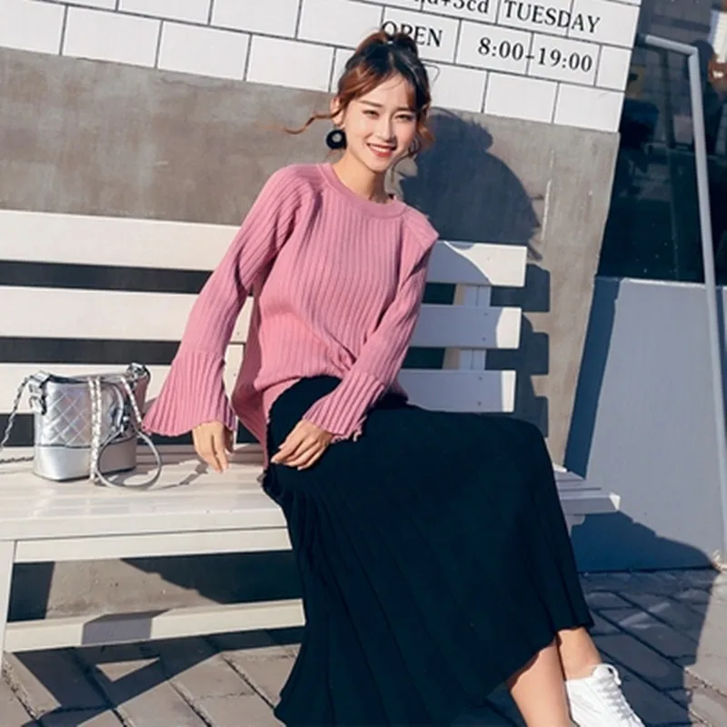 

Fall Winter Temperament Casual Knit Set Women Long Sleeve loose Sweater Pullover + Fashion Pleated Long Skirt Two Piece Set
