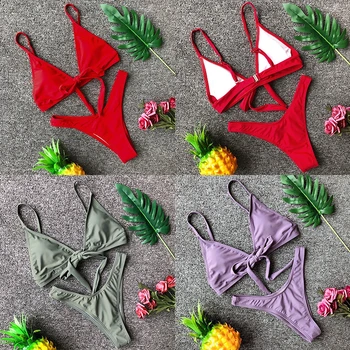 

IMANFive Women Sexy Solid Bow String Push Up Bikini 2019 New Arrival Beach Padded High Leg Swimsuit Brazilian Swimwear Women