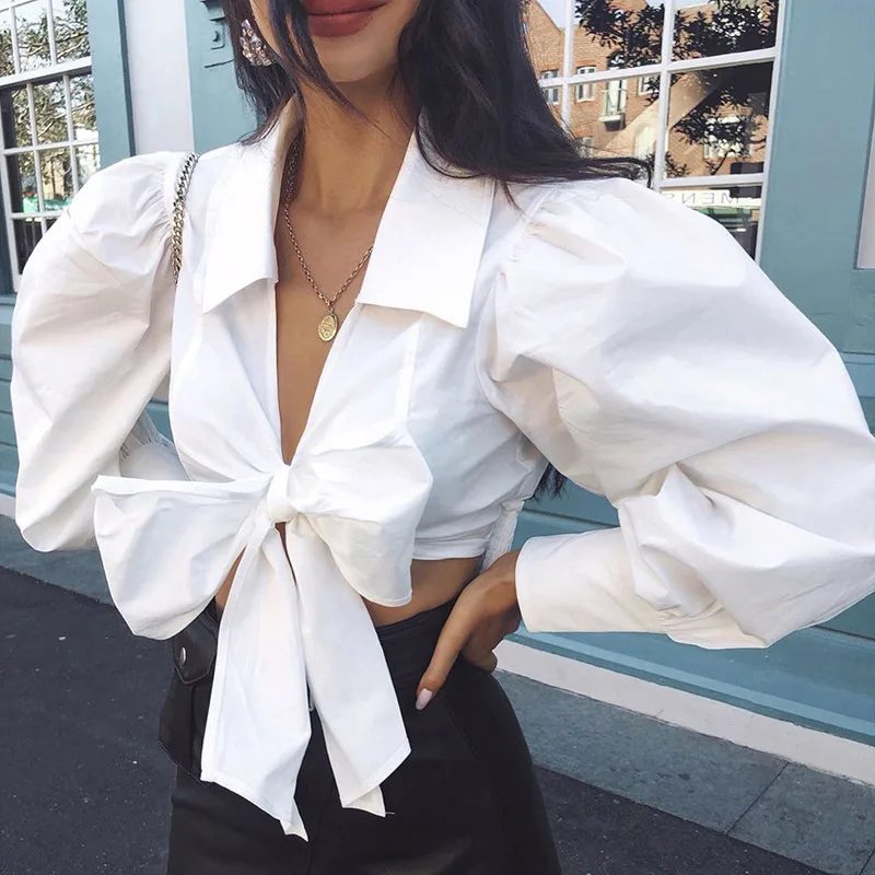 

DEAT 2019 Autumn Long Lantern Sleeve V Neck Bow White Short Dew Navel Blouse Women Shirt MG480