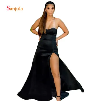 

High Leg Slit Girls 8th Graduation Dresses 2020 Spaghetti Straps A-Line Black Prom Dresses Simple Party Gowns Backless D1380
