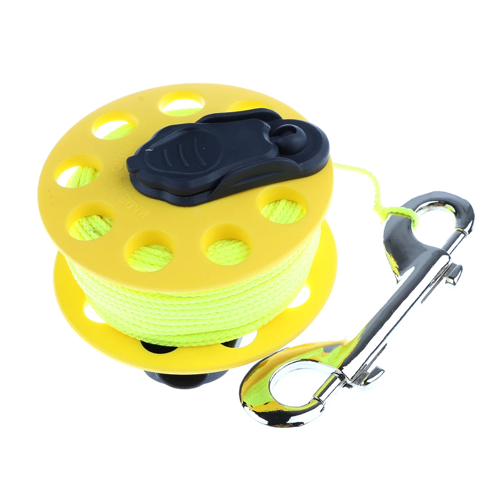 100ft 30m Underwater Finger Reel with Stainless Double Ended Clip & Handle Wreck Scuba Diving Tech Spool - Yellow Line