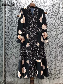 

Newest Fashion Dress 2020 Spring Summer Style Women V-Neck Elegant Flower Print Long Sleeve Mid-Calf Party Vintage Dress Female