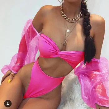 

High Waist Bikini Neon Sexy Swimsuit Mesh Sleeve Twist Swimwear Women High Waisted Bathing Suits High Leg Cut Brazilian Bikinis