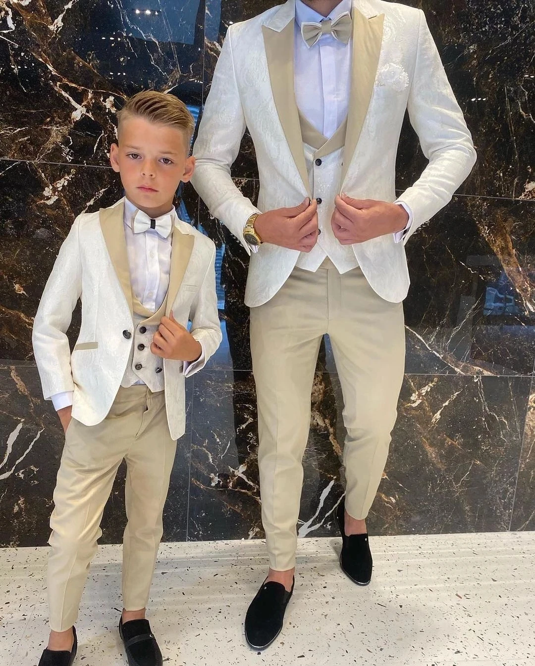 New Arrival Father And Son Men Suits 3 Pcs Cream White Floral Pattern Slim Fit Cocktail Wedding 