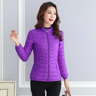 Тонкая хлопковая куртка, Короткие топы, зимняя куртка, Женское пальто, корейский стиль, тонкий, плюс размер, Женская парка, пальто, волнистый узор, стеганая куртка - Цвет: Фиолетовый