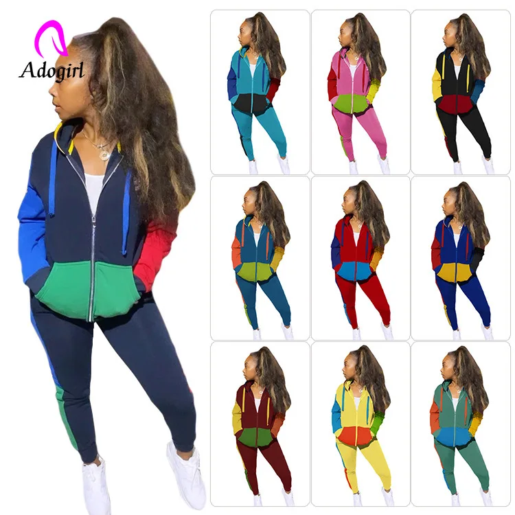 

Tracksuit Women 2 Piece Set Zipper Up Hoodies Skinny Sweatpants Fitness Casual Jacket Jogger Wear Work Out Color Patchwork Suits