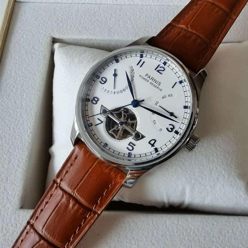 

PARNIS Brand Automatic Men Watch Power Reserve Date Indicator Leather Band Blue Marks