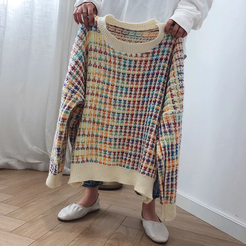 Mooirue осень женский милый свитер Радуга ленивый вязаный тонкий джемпер Feminino желтый серый пуловер