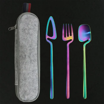 

3Pcs/Set Rainbow Tableware Reusable Travel Cutlery Set Camp Utensils Set With 304 Stainless Steel Spoon Fork Portable Case