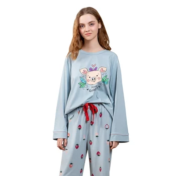 

2Piece/Set Pajamas Set Women Cotton Cute Cartoon Sweet Strawberry Pig Pyjamas with Pants Full Sleeve Sleepwear Female Nightsuit